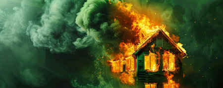 A burning house with flames leaping high and thick smoke pouring out, isolated on a bright green background. The vibrant backdrop contrasts with the fiery destruction, creating a striking scene.の素材