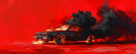 A burning car engulfed in flames with thick black smoke billowing out, isolated on a bright red background. The intense heat and destruction are vividly depicted, creating a dramatic and striking scene.の素材