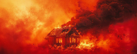A burning house engulfed in flames with thick black smoke billowing out, isolated on a bright red background. The intense heat and destruction are vividly depicted, creating a dramatic and striking scene.の素材