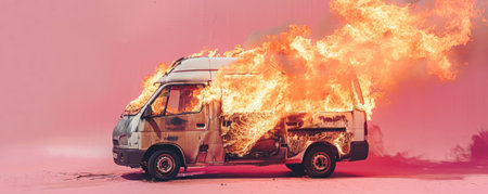 A burning van with fierce flames and heavy smoke, isolated on a pastel pink background. The unusual color contrast highlights the intensity and chaos of the fire.の素材