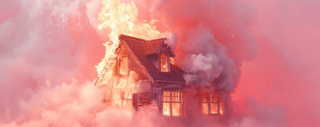 A burning house with fierce flames and heavy smoke, isolated on a pastel pink background. The unusual color contrast highlights the intensity and chaos of the fire.の素材