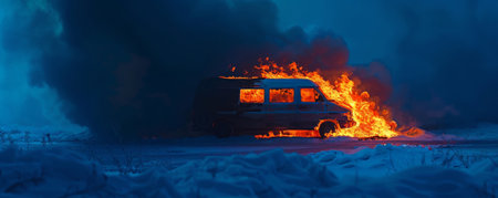 A burning van with roaring flames and dark smoke rising, isolated on a deep blue background. The contrast between the fire and the cool background enhances the drama of the scene.の素材