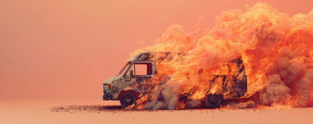 A burning van with roaring flames and thick smoke, isolated on a light peach background. The soft color contrasts with the intense fire, creating a visually striking scene.の素材