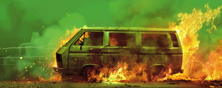 A burning van with flames leaping high and thick smoke pouring out, isolated on a bright green background. The vibrant backdrop contrasts with the fiery destruction, creating a striking scene.の素材