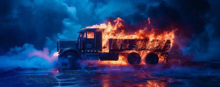 A burning truck with roaring flames and dark smoke rising, isolated on a deep blue background. The contrast between the fire and the cool background enhances the drama of the scene.の素材
