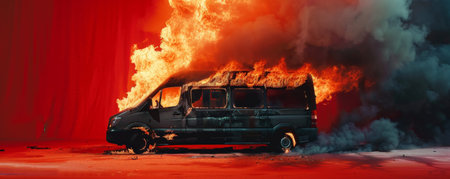 A burning van engulfed in flames with thick black smoke billowing out, isolated on a bright red background. The intense heat and destruction are vividly depicted, creating a dramatic and striking scene.の素材