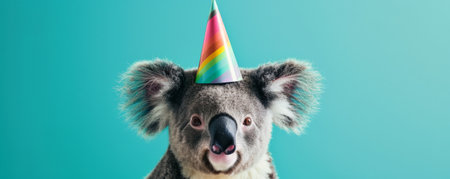 A cheerful koala in a bright birthday party hat, set against a turquoise background, with a content expression.の素材