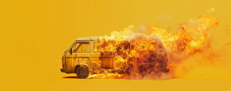 A burning van engulfed in flames and smoke, isolated on a vivid yellow background. The bright backdrop contrasts sharply with the dark, destructive fire, creating a dramatic visual impact.の素材