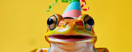 A cheerful frog in a colorful birthday party hat, against a sunny yellow background, with a big smile.の素材