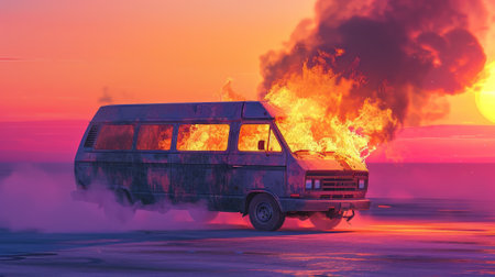A burning van with roaring flames and dark smoke, isolated on a sunset gradient background from orange to pink. The vivid colors enhance the drama of the scene.の素材