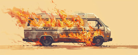 A burning van with fierce flames and heavy smoke, isolated on a sandy beige background. The neutral color highlights the intense heat and destruction of the fire.の素材