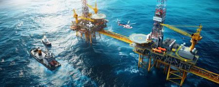 A bustling offshore oil rig drilling platform with helicopters landing on the helipad, supply ships nearby, and workers actively engaged in operations. The ocean is a deep blue, and the sky is clear, showing the rig's vital role in energy production.の素材