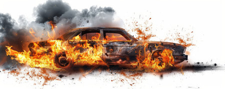 A car in flames, with fierce fire and thick smoke, isolated on a stark white background. The vivid depiction of the burning vehicle creates a powerful and intense image.の素材
