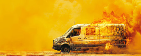 A burning van engulfed in flames and smoke, isolated on a vivid yellow background. The bright backdrop contrasts sharply with the dark, destructive fire, creating a dramatic visual impact.の素材