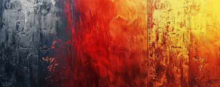 A bold abstract background featuring a brushed steel metallic panel, set against a gradient of fiery reds and yellows. The industrial look of the metal contrasts sharply with the vibrant colors.の素材