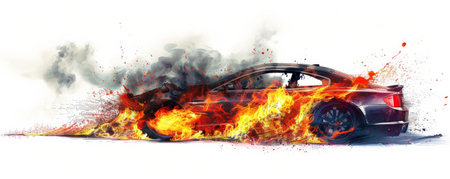 A car in flames, with fierce fire and thick smoke, isolated on a stark white background. The vivid depiction of the burning vehicle creates a powerful and intense image.の素材