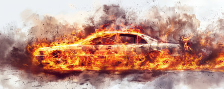 A car in flames, with fierce fire and thick smoke, isolated on a stark white background. The vivid depiction of the burning vehicle creates a powerful and intense image.の素材