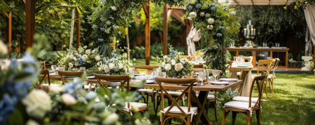A charming summer outdoor wedding with a flower arch, elegant seating, a beautifully set table, and guests celebrating.の素材