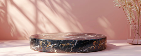 A chic marble podium featuring black and gold veining, set against a soft pink wall. The combination of the marble's bold patterns and the gentle color creates a stylish and elegant setting for product display.の素材