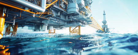 A close-up view of an offshore oil rig drilling platform, focusing on the detailed machinery, pipes, and control rooms. The ocean waves gently lap against the platform's base, and the sky is a brilliant blue.の素材
