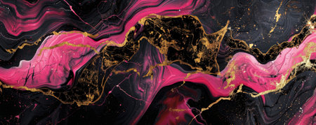 A bold marble texture background with striking veins of fuchsia, black, and gold. The dramatic color combination and intricate patterns make for a visually captivating design.の素材
