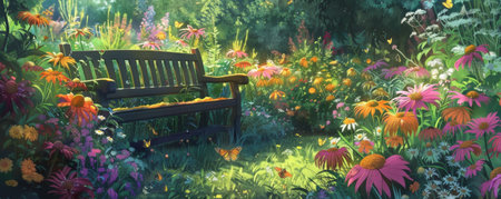 A beautiful summer garden full of blooming flowers, buzzing bees, and butterflies, with a quaint garden bench in the shade.の素材