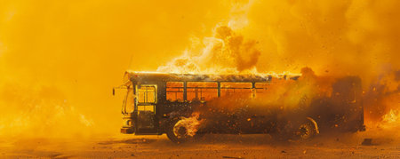 A burning bus engulfed in flames and smoke, isolated on a vivid yellow background. The bright backdrop contrasts sharply with the dark, destructive fire, creating a dramatic visual impact.の素材