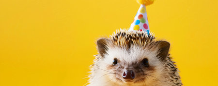 A cheerful hedgehog in a birthday party hat, against a sunny yellow background, looking festive and cute.の素材