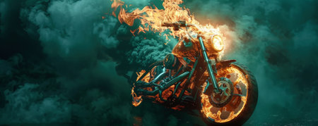 A burning motorcycle with intense flames and thick, swirling smoke, isolated on a dark green background, capturing the raw power and drama of the fire.の素材