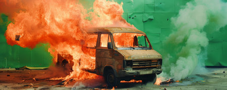 A burning van with flames leaping high and thick smoke pouring out, isolated on a bright green background. The vibrant backdrop contrasts with the fiery destruction, creating a striking scene.の素材