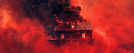 A burning house engulfed in flames with thick black smoke billowing out, isolated on a bright red background. The intense heat and destruction are vividly depicted, creating a dramatic and striking scene.の素材