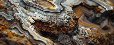 A close-up of a rare earth mineral sample, focusing on the intricate patterns and colors of elements like ytterbium and scandium. The detailed textures create a mesmerizing visual effect.の素材