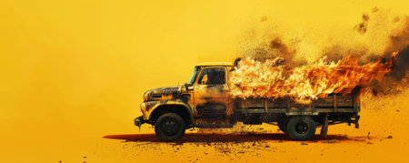A burning truck engulfed in flames and smoke, isolated on a vivid yellow background. The bright backdrop contrasts sharply with the dark, destructive fire, creating a dramatic visual impact.の素材