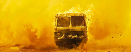 A burning bus engulfed in flames and smoke, isolated on a vivid yellow background. The bright backdrop contrasts sharply with the dark, destructive fire, creating a dramatic visual impact.の素材