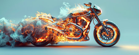 A burning motorcycle with fierce flames and billowing smoke, isolated on a light blue background, emphasizing the intensity and movement of the fire.の素材