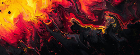 Abstract fluid art background showing fiery reds, yellows, and hints of black, blending together to create a dynamic, volcanic effect with bold contrasts.の素材