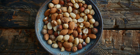 A detailed shot of a bowl of mixed nuts, including almonds, macadamias, and hazelnuts, set on a rustic wooden table. The varied textures and colors create a harmonious blend.の素材