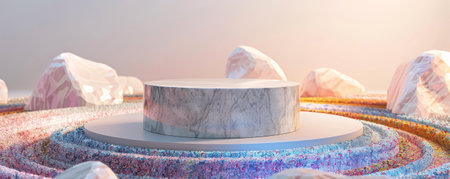 A circular stone podium with a glossy finish, placed in the center of a spiral of colorful pebbles. The dynamic setup draws attention to the featured product.の素材