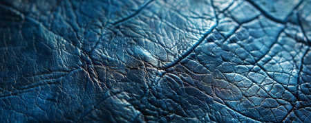 A macro shot of blue leather with a fine grain pattern and a slightly metallic sheen. The unusual color and finish make it a standout material.の素材