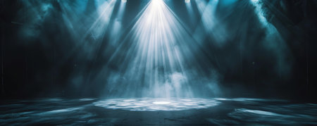 A dance stage with a single bright white spotlight in the center. The background is dark with subtle light beams, creating a dramatic and focused atmosphere.の素材