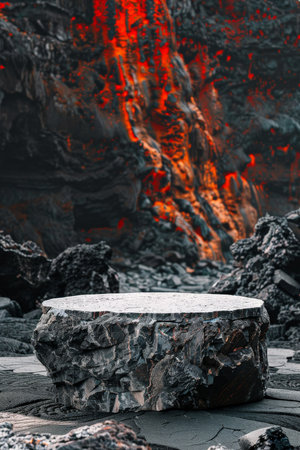 Smooth basalt stone podium for product presentation on a volcanic, dramatic backdrop with fiery accentsの素材