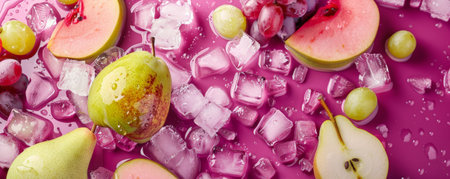 A colorful backdrop with slices of apples, pears, and grapes, combined with ice cubes on a magenta background. The combination of crisp fruits and sparkling ice creates a refreshing and energetic scene.の素材