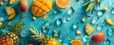A cool and refreshing background showing slices of tropical fruits like pineapples, mangoes, and papayas, interspersed with ice cubes on a teal background. The vibrant colors of the fruits pop against the cool tone.の素材