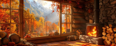 A cozy autumn cabin in the mountains, with a roaring fire in the fireplace, a stack of firewood, and a view of the vibrant fall foliage outside.の素材