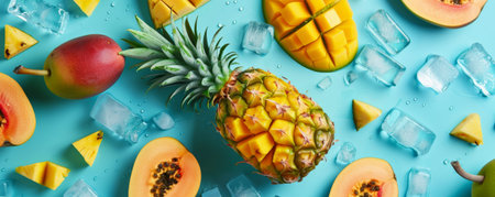 A cool and refreshing background showing slices of tropical fruits like pineapples, mangoes, and papayas, interspersed with ice cubes on a teal background. The vibrant colors of the fruits pop against the cool tone.の素材