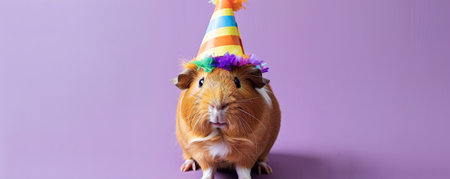 A cute guinea pig in a colorful birthday party hat, against a purple background, looking curious and festive.の素材