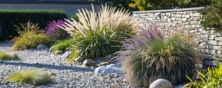 A contemporary garden with a focus on textures, including smooth pebbles, rough stone walls, and soft, feathery plants for visual interest.の素材