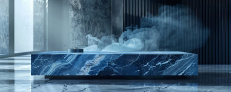 A deep blue marble table podium in a modern, monochrome room, with soft smoke enhancing the serene and sophisticated feel.の素材