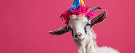 A funny goat with a colorful birthday party hat, isolated on a bright pink background, with a playful expression.の素材