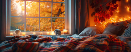 A cozy autumn bedroom with plaid blankets, warm lighting, and a window showing the vibrant fall colors outside.の素材